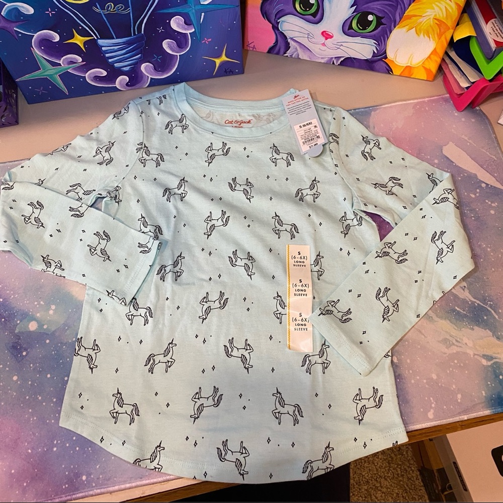 Girls S (6/6x) blue long sleeve unicorn tee